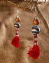 Blue Pottery 2 Beads Earrings With Tassels (Striped Brown & Turq)